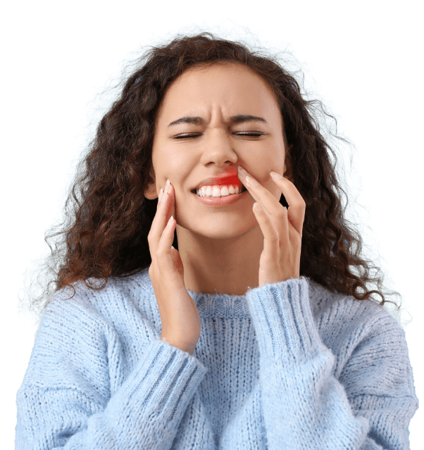 Woman in sweater in pain due to gum disease