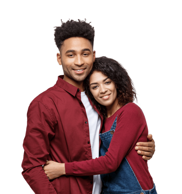 Couple in maroon shirts hugging