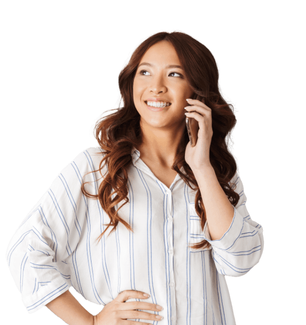Woman in button up shirt talking on the phone