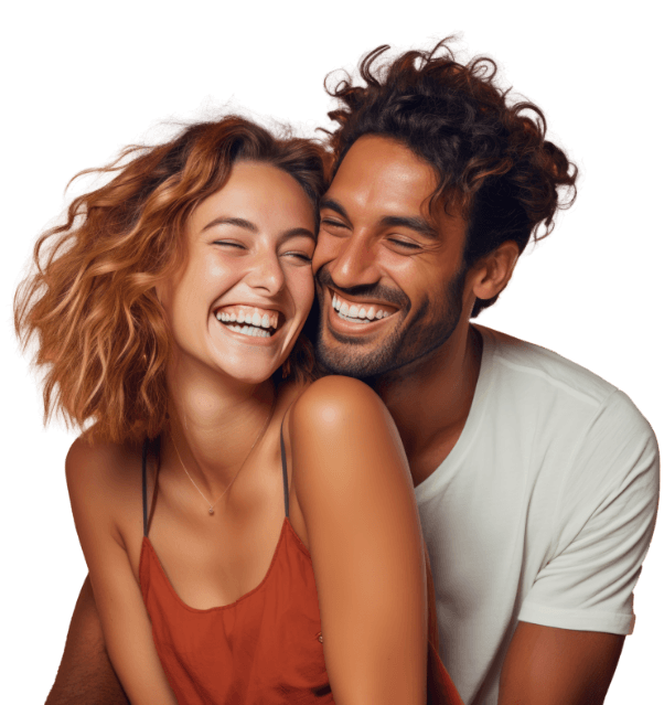 Man and woman leaning against each other and smiling