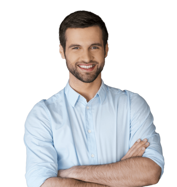 Man in button up shirt smiling with arms folded